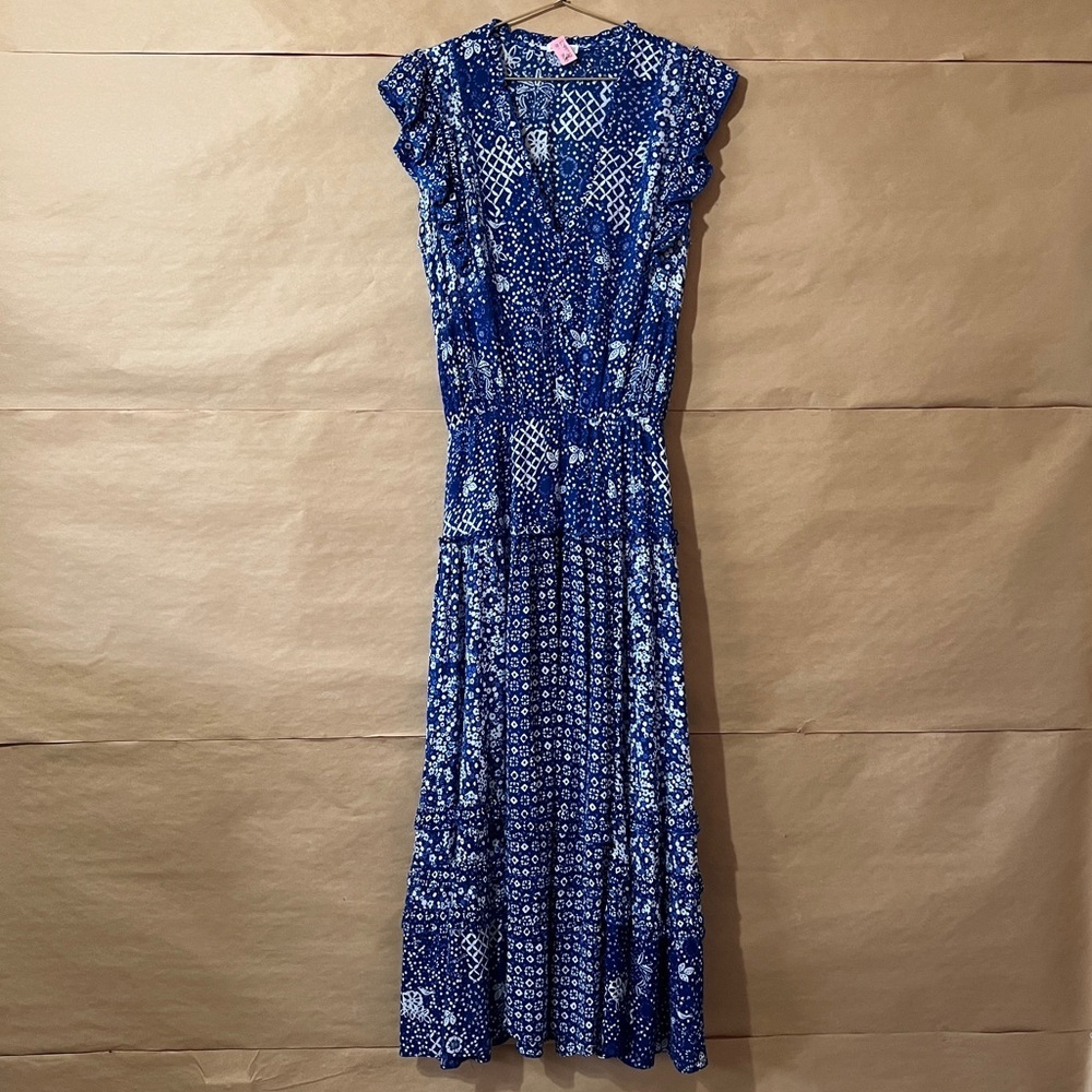 Poupette St Barth | Paulina Midi Dress Ruffle Tiered V-Neck Blue Antibes Size S